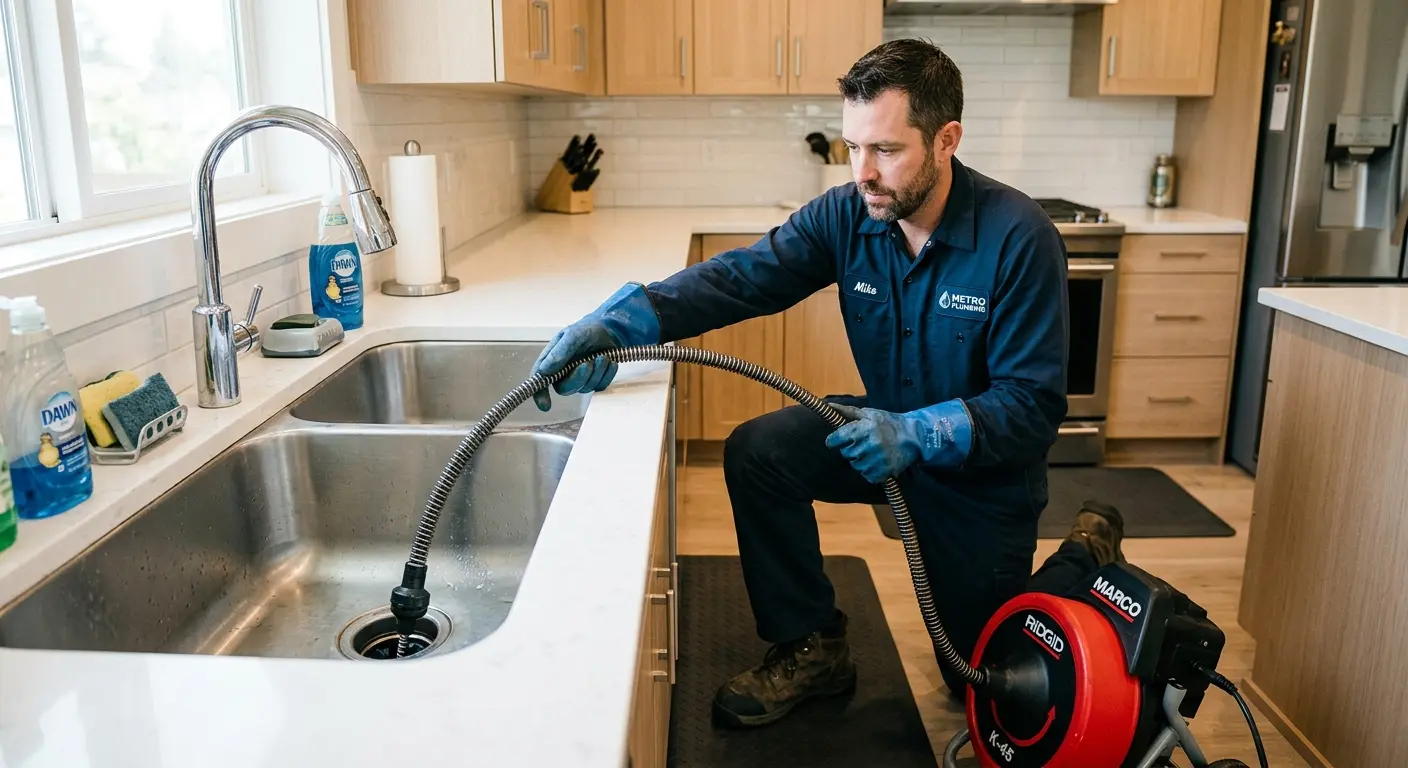 Drain cleaning technician using a motorized snake on a kitchen sink in Center