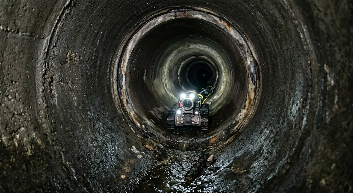 Robotic sewer camera inspecting pipe interior for Drain Snake Service in Center