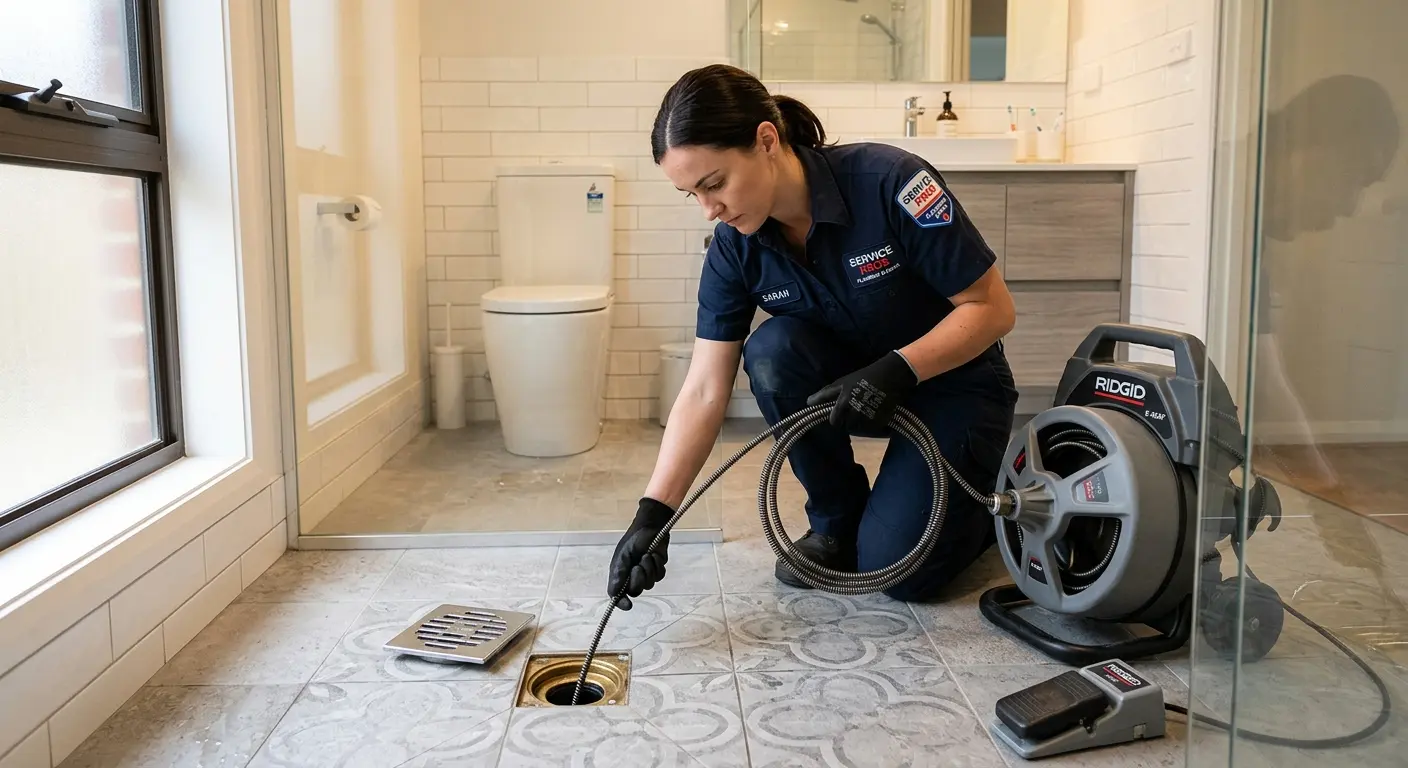 Technician clearing a bathroom floor drain for Drain Repair in Center